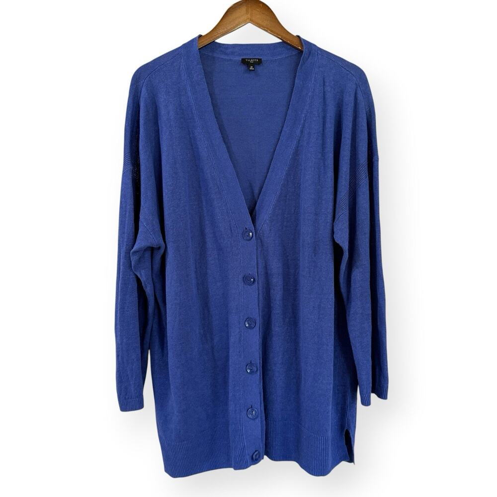 Talbots Cardigan Plus Size 2X 100% Linen Button Front V Neck Blue Coastal Preppy